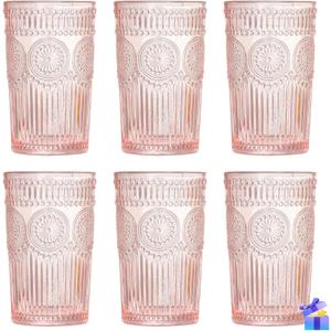 Vintage Glassware Romantic Drinking Glasses - 12 OZ Pink Glassware Embossed Glasses Drinking Set of 6 - Perfect Glass cups for Coffee, Cocktails, and Beverages, Ideal for Gifting