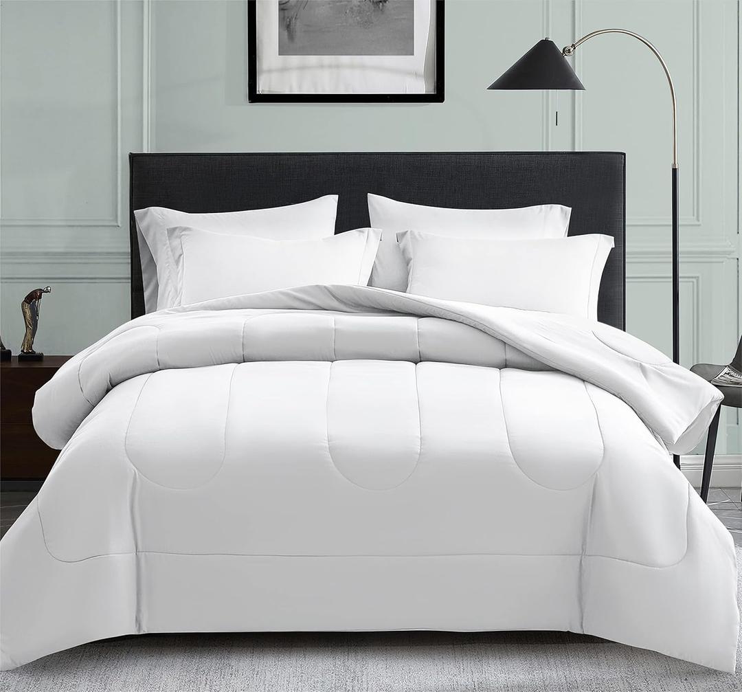 Maple&Stone Full Size Comforter Set 7 Pieces Bed in a Bag - Down Alternative Bed Set with Sheets, Pillowcases & Shams, Soft Reversible Duvet Insert,White