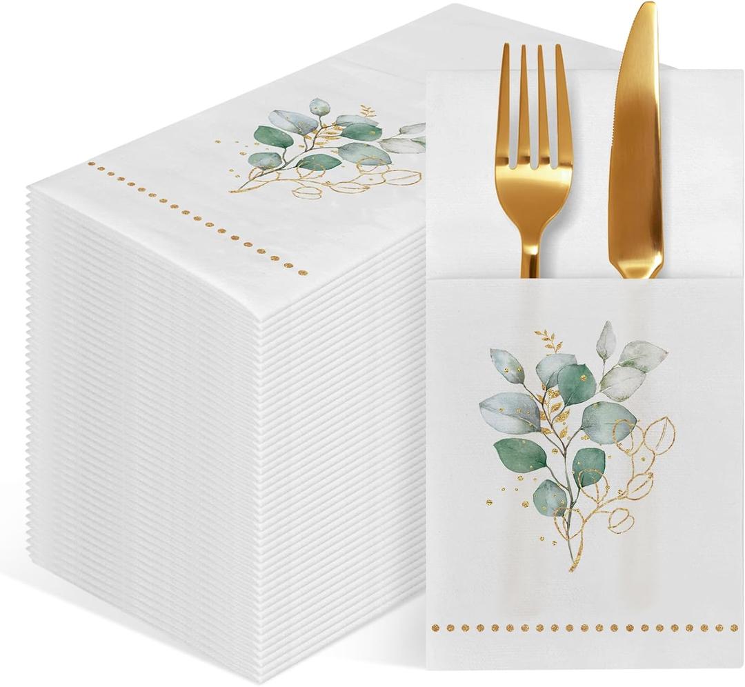 Disposable Linen-Feel Dinner Napkin with Built-in Flatware Pocket, 50 Pack Prefolded Paper Napkins for Silverware Elegant Guest Hand Towels for Wedding Birthday Party Baby Shower Supplies