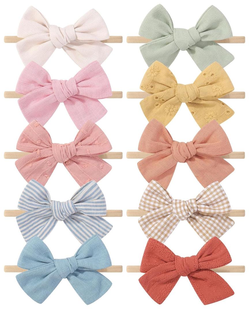 doboi 10PCS Baby Girls Headbands Hair Bows Nylon Cotton Linen Hairbands Handmade Hair Accessories for Newborn Infant Toddlers Little Girl and Kids 3.5Inches (Spring Color)