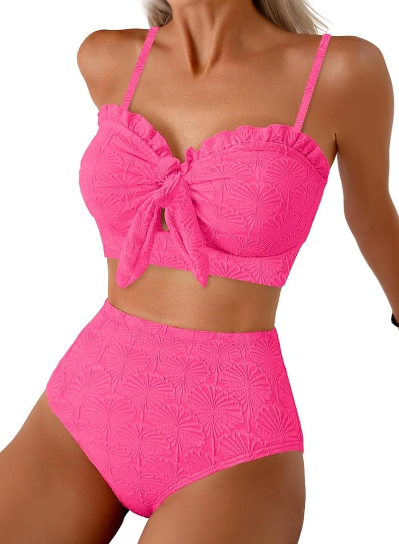 Herseas Women's Seashell Textured Bikini Sets Knotted Front 2 Piece Swimsuits Ruffle Trim Bathing Suits (Hot Pink, XL)
