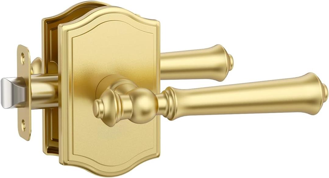Asidrama 1 Pack Passage Gold Door Handle with Lock, Brush Gold Door Knobs Interior for Bedroom or Bathroom, Heavy Duty Door Handle for Left Right Sided Doors ZR19-262