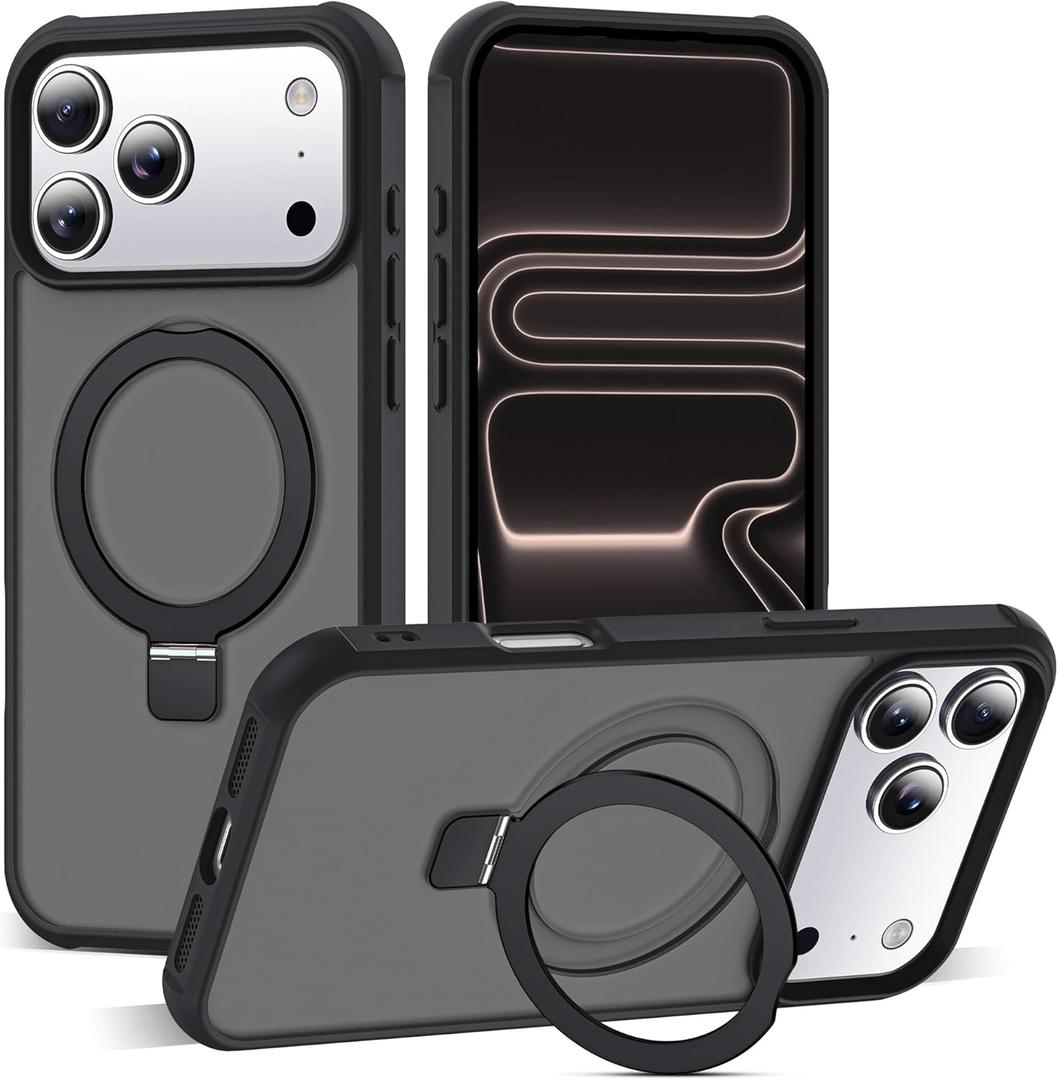 Compatible with iPhone 17 Pro Max Case with Invisible Magnetic O-Ring Stand Military-Grade Translucent Case for iPhone 17 ProMax 6.9" [Compatible with Mag-Safe][Great Grip Feeling], Black