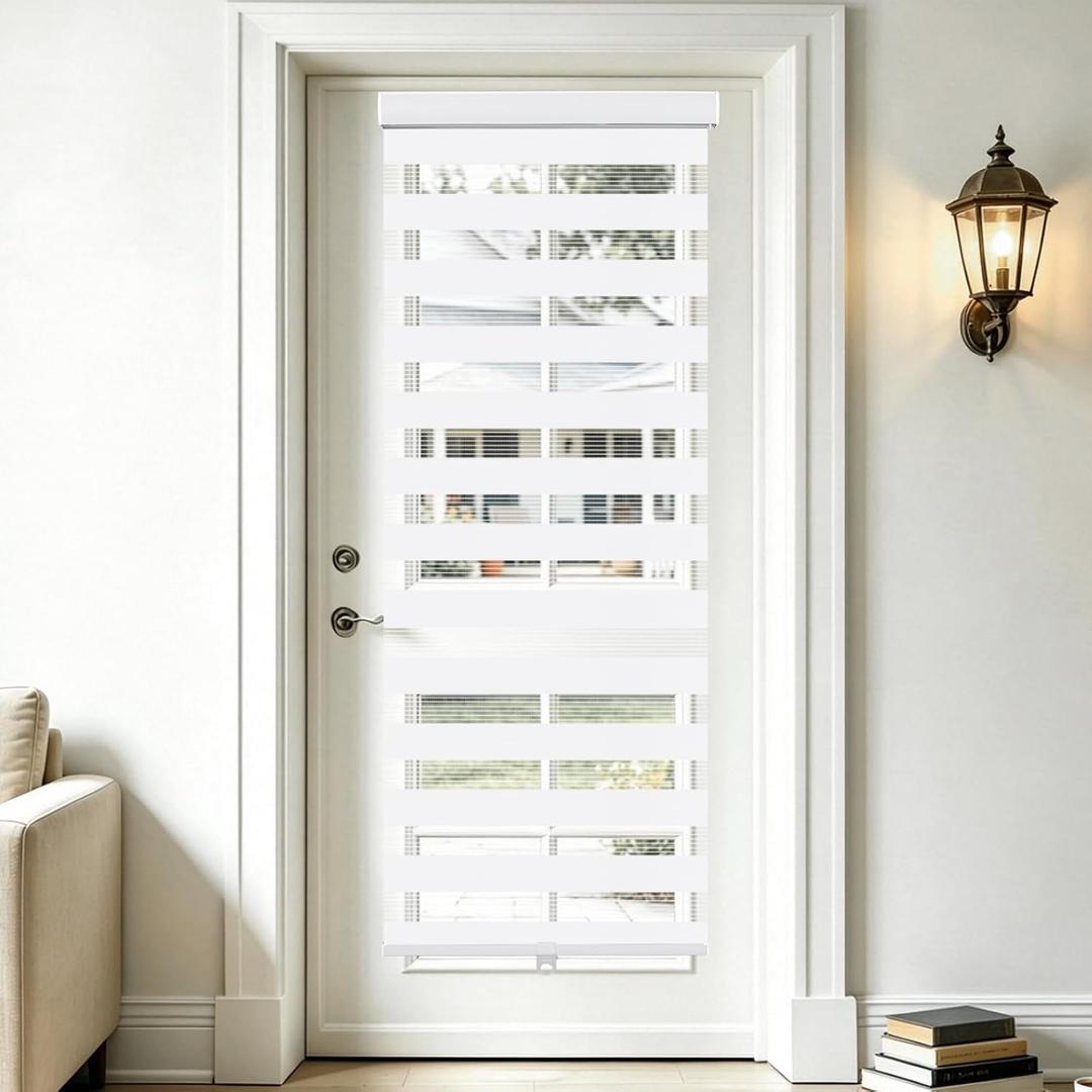 SEEYE Cordless Zebra Blinds for Window, French Door Blinds Free-Stop Roller Window Shades with Valance 66" W x 90" H, Light Filtering Window Treatment Sheer Blinds & Shades Easy to Install, White