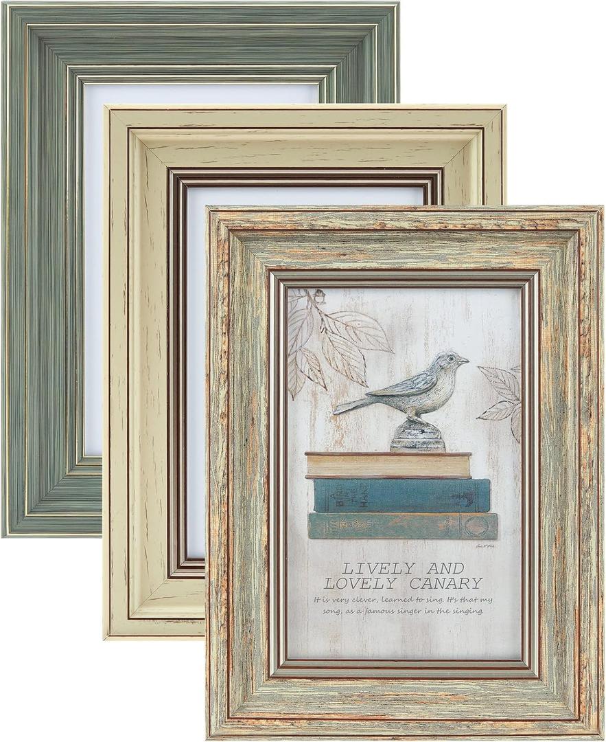 XUANLUO 3 Pack 4x6 Inch Picture Frames Farmhouse Rustic Vintage Distressed Wood Grain Photo Frame with HD plastic cover for Table Top Display and Wall Hanging (Mix Color-3pcs)