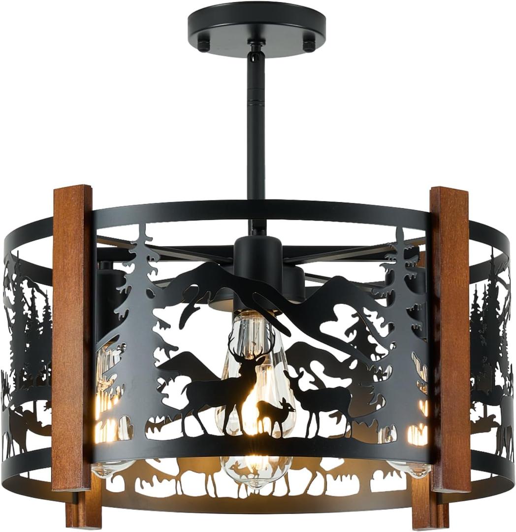 Farmhouse Rustic Slanted Ceiling Light Fixture,4-Light Round E26 Base Black Metal Fixture with Deer Design Ideal for Kitchen, Living Room,Foyer, Bedroom, Hallway, and Rustic Style