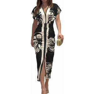 CHICME Summer Dresses for Women Floral Print Plunge V Neck Midi Dress Casual Ruched Slit Bodycon Party Dress Large, A-black
