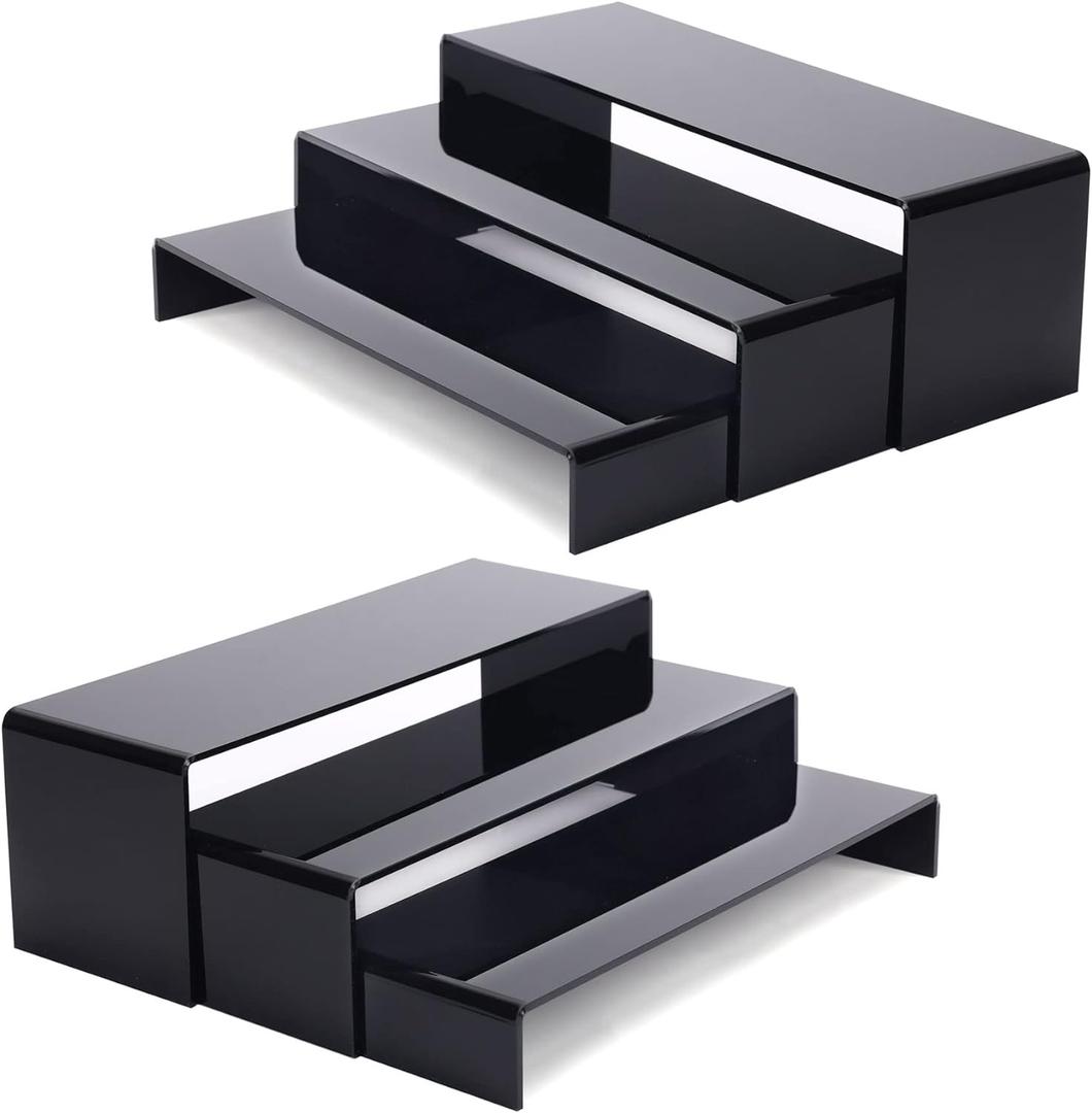 ANDGOO 6Pcs Large Acrylic Risers, 2 Set(11.2L~11.6L~12L) Black Rectangular Showcase Collectibles Display Shelf, Retail Desktop Display Stand for Organize and Decoration