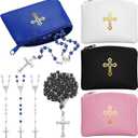 Dansydaisy 8 Pcs Rosary Pouch with Catholic Rosary Beads Necklace Set for Women Leather Holder with Zipper Gold Cross Imprint Case Portable Religious Bag for Travel Christmas