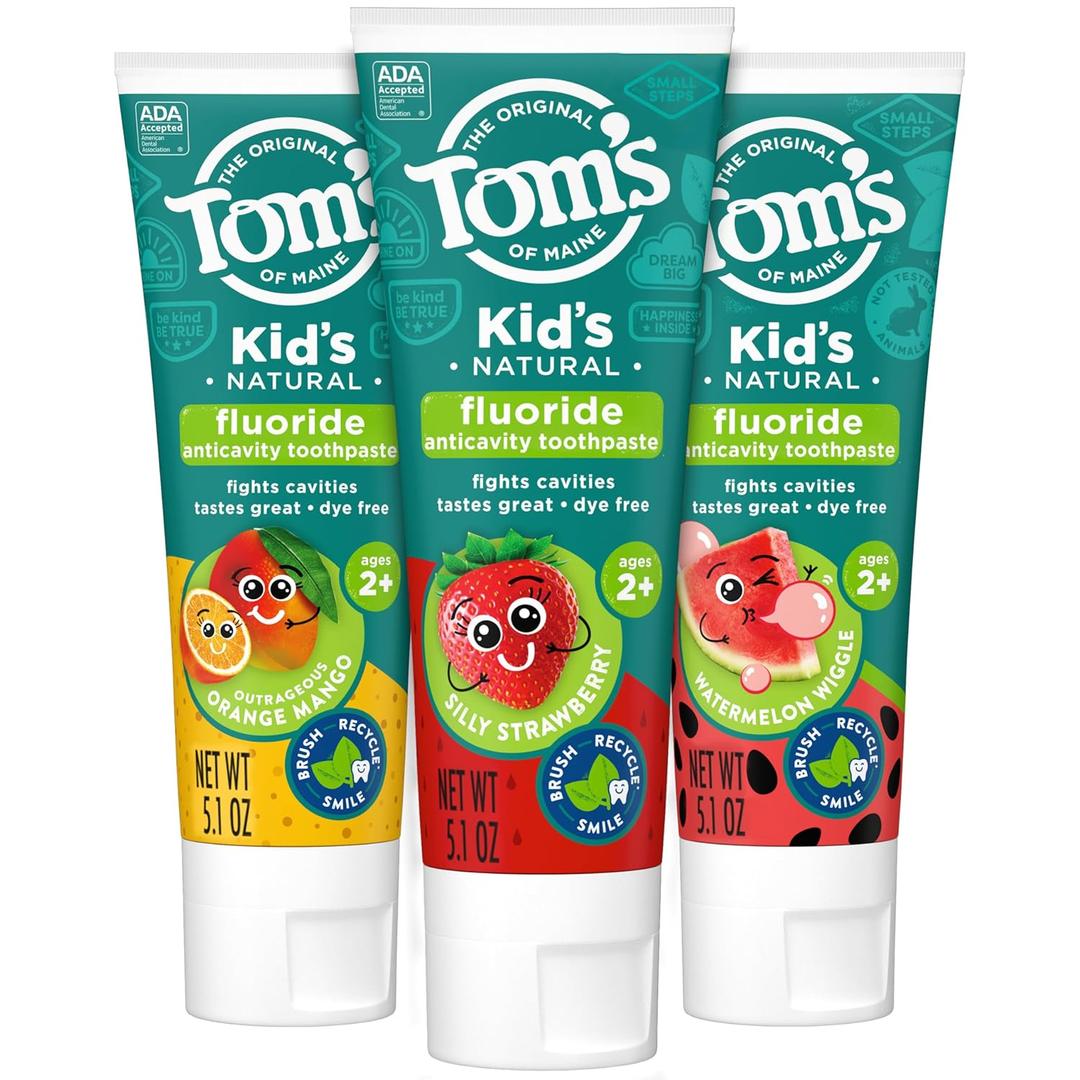 Tom's of Maine Anticavity Kids Natural Toothpaste Variety Pack, Strawberry, Orange Mango, Watermelon Flavors, Kids Toothpaste with Fluoride, Safe for Ages 2 and Up, 5.1 oz (Pack of 3)