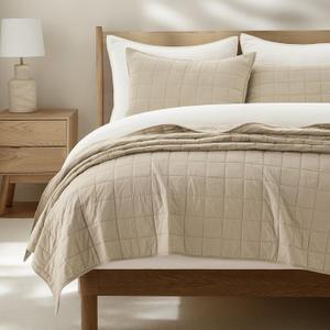 100% Cotton Box Stitch Quilt Set, Queen Size, Pebble Khaki, Full/Queen
