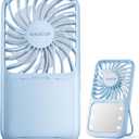 Gaiatop Portable Handheld Fan, 3 Speed LED Makeup Mirror with Light, Folding Stand for Desktop, Rechargeable Mini Personal Fans Small Travel Essentials Gifts for Women Girls (Blue)