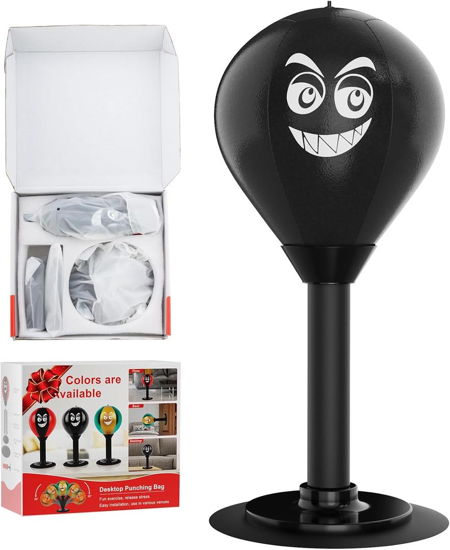 Desktop Punching Bag with Suction Cup - Punch Away Stress, Heavy Duty Office Desk Stress Ball for Adults & Kids, Fun Boxing Toy for Coworkers, Friends (bblack)