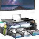 MINDEPOT 2 Tier Computer Monitor Stands with Drawer and 2 Pencil Holder, Metal Monitor Stand, Office Desk Accessories Workspace Desktop Organizers for Office Supplies, Black