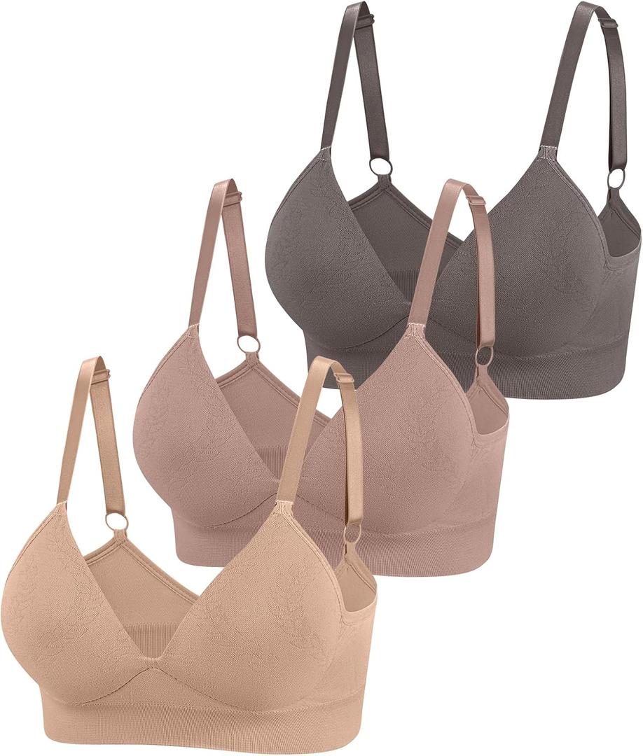 Eleplus 3 Pieces Deep V Wireless Bras for Women Seamless Comfy Bralettes Lightly Lined Multicolors Pack,LArge