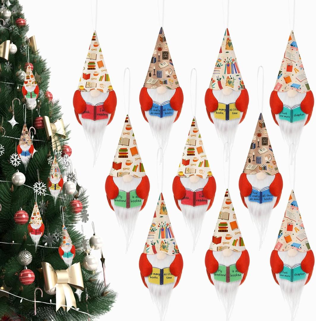 20 Sets Christmas Book Lovers Ornaments Book Club Gifts Reading Gnome Hanging Ornaments Swedish Gnome Xmas Tree Hanging Decorations for Bookworm Teacher Librarian Bookish Coworker