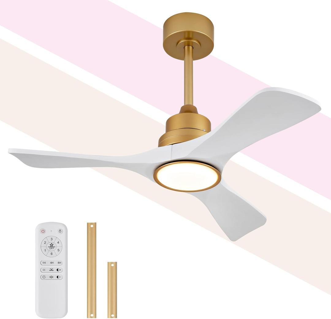 42 Inch White and Gold Ceiling Fans with Lights and Remote, 3 Solid Wood Blades, 6 Speeds, Quiet DC Motor, Dimmable LED, Modern Gold Ceiling Fan for Indoor Bedroom,Living Room,Patio