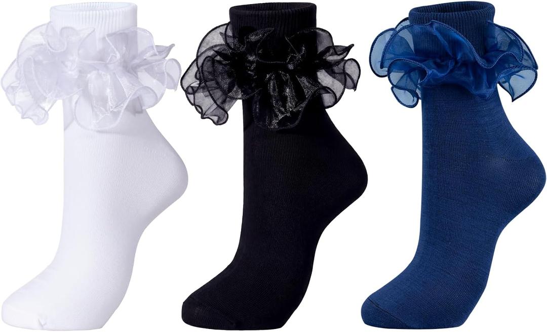 Dicry Women Big Ruffle Socks Double Lace Turn Cuff (White Black Blue, 3 Pairs)