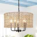 18.9" Hand-Woven Rattan Chandelier 5 Lights Farmhouse Boho Chandeliers for Dining Room Light Fixture Drum Wicker Hanging Pendant Lighting for Living Room Kitchen Island Foyer Hallway, E12 (Brown)