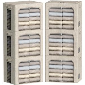 6 Pack Clothes Storage Bins with Metal Frame Foldable Storage Bins for Clothes Linen Fabric Storage Box with Clear Window (Beige, 15.7x11.8x11.8inch(36L))