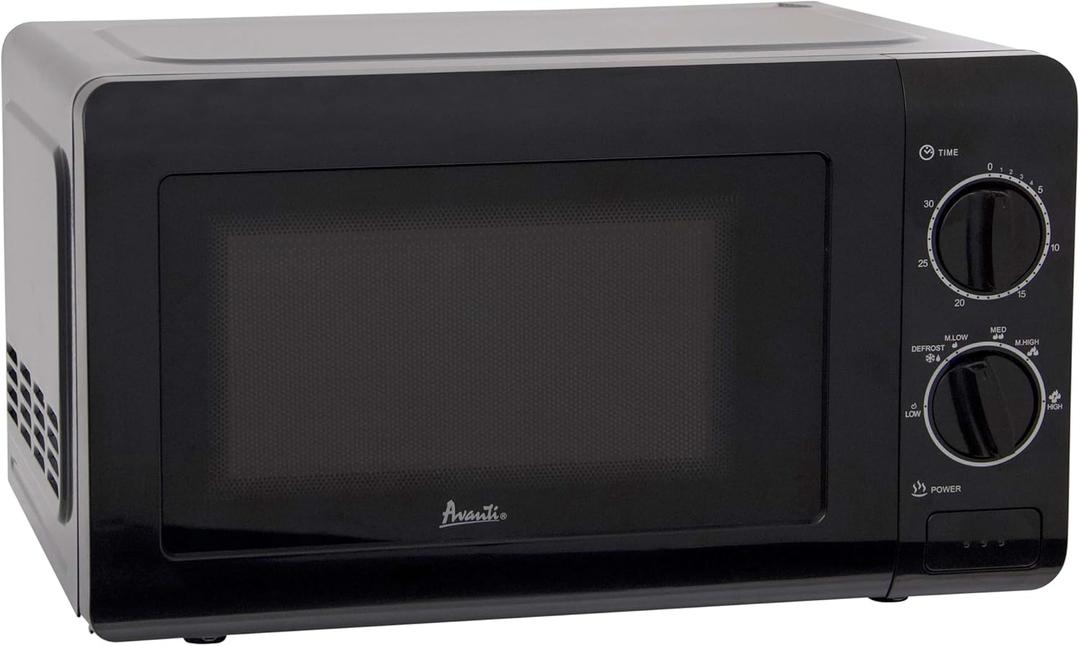 Avanti MM07V1B Microwave Oven 700-Watts Compact Mechanical with 5 Power Settings, Defrost, Full Range Temperature Control and Removable Glass Turntable, 0.7-Cu.Ft, Black