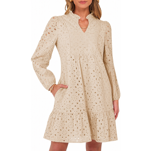 Caracilia Womens Dresses Long Sleeve V Neck Eyelet Hollow Out Fall Casual Flowy Swing Boho Tiered 2026 Mini Short Dress Large