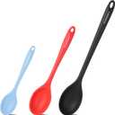 PUCKWAY 3 Pcs Silicone Spoons Set of 7.9 10.6 14.2 inch for Cooking, Heat Resistant Kitchen Spoons for Mixing, Stirring, and Serving, Small to Large Non Stick (Black & Red & Blue)