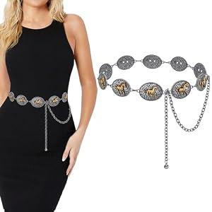 LALATCH Western Metal Concho Chain Belt for Women Cowgirl Waist Chain Belt for Dresses Jeans Western Country Outfit, Horse Sliver Chain Belt