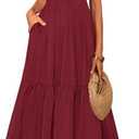 MASCOMODA Womens Summer Casual Midi Dress Square Neck Ruffle Short Sleeve Smocked High Waist A Line Wedding Guest Dresses M