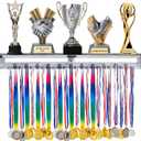 LAVIEVERT Gymnastic Medal Hanger with Storage Shelf, Wooden Wall-Mounted Trophy Shelf, Race Medal Display Rack Holder with 23 Hanging Bars
