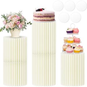 Cylinder Stands for Party,5 Pcs Paper Cylinder Pedestal Stand with Acrylic Disc Foldable Round Pillars Pedestal Cake Stands for Wedding Party Decor (White)
