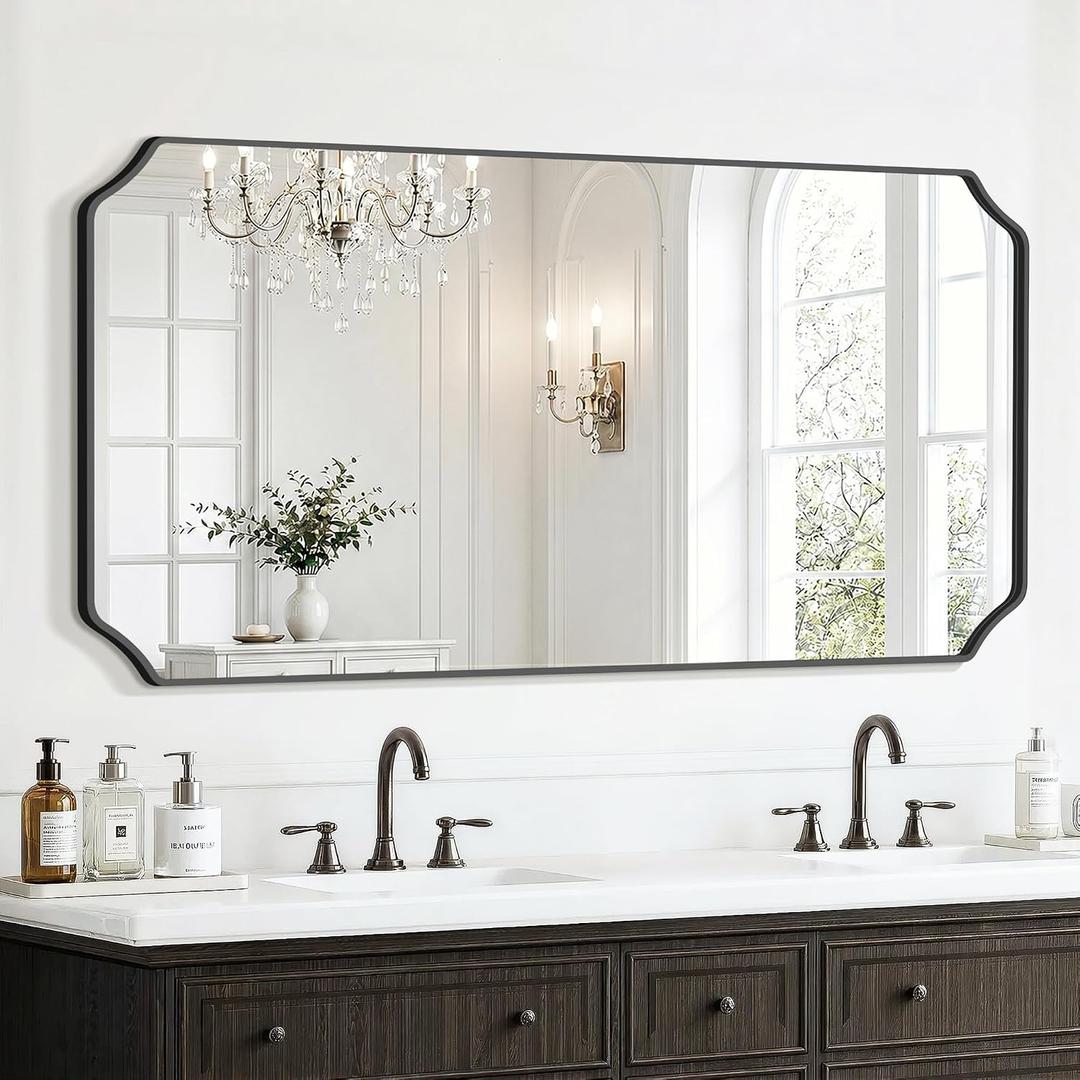 Delma Bathroom Vanity Mirror, Black Framed Aluminum Bathroom Mirror for Over Sink, Scalloped Round Corner Wall Mirror, High-Definition Vanity Mirror, Hangs Horizontally or Vertically (30x55,Black)