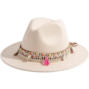 Gossifan Women's Felt Fedora Hat Wide Brim Panama Hats with Tassel (Medium)