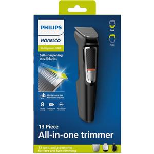 Norelco Philips Multi Groomer All-in-One Trimmer Series 3000-13 Piece Mens Grooming Kit for Beard, Face, Nose, Ear Hair Trimmer and Hair Clipper - NO Blade Oil Needed, MG3740/40 (Black/Chrome)