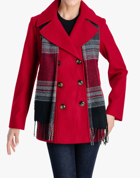 London Fog Women's Double Breasted Peacoat with Scarf, Red, Small
