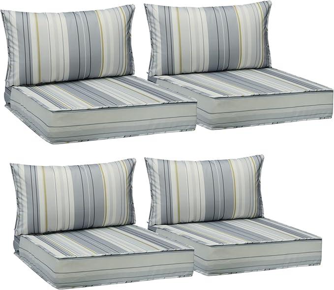AAAAAcessories Outdoor Seat Cushions for Chairs, Fade-Resistant, Waterproof Patio Furniture Replacement Cushions, 25.5" x 25.5" x 5" + 25.5" x 13.5", Set of 4, Stormy Teal Coastal Stripe