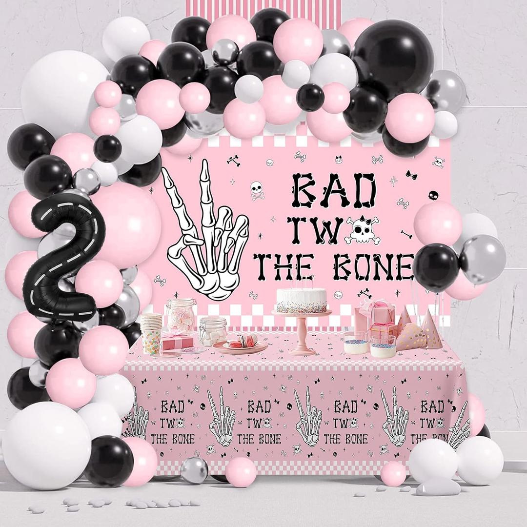 2nd Birthday Decorations for Girl Bad 2nd the Bone Party Decorations with Backdrop Balloon Tablecloth Rock And Roll Bone Theme 2 Year Old Birthday Pink Decorations Party Supplies