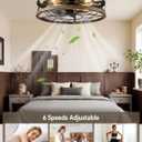 AKOFUN 20" Cage Ceiling Fan with Light and Remote, Low Profile Flush Mount Fan, 6 Speed Reversible DC Motor, 1/2/4/8/12H Timer, Bladeless Fandelier Rustic Farmhouse Light for Bedroom Living Room Patio