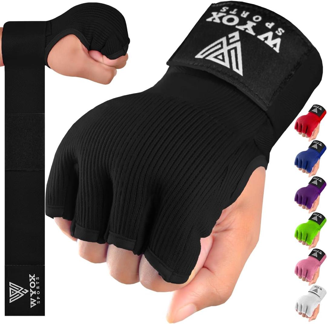 WYOX Gel Boxing Hand Wraps Inner Gloves for Men & Women  80cm Quick Wrist Strap, Padded Knuckle Support, Fingerless MMA Muay Thai Kickboxing Wraps for Training, Punching & Martial Arts (Small - Medium, Black)