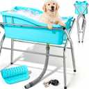 Foldable Dog Bath Tub, Portable Dog Washing Bathing Station with Adjustable Height, Stainless Frame