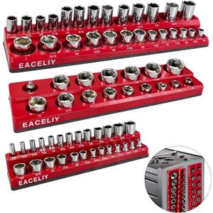 3Pcs 1/2", 1/4" and 3/8" Magnetic Socket Organizer Set,SAE Socket Holder Kit, Socket Traysholds 68 Deep and Shallow 3/8" Sockets(sockets not included)