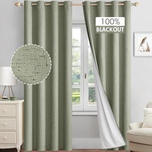 MIULEE Linen Textured 100% Blackout Curtains for Bedroom 90 Inches Long Sage Thermal Insulated Black Out Curtains/Draperies with White Liner for Living Room/Nursery, Grommet Top, 2 Panels