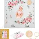 Baby Milestone Blanket | Cotton Muslin Swaddle Blanket | Monthly Photo Mat for Newborn Girl | Cherry Blossom Flowers| Personalised Baby Shower Present for New Mums | Age Mat | Includes Wooden Frames