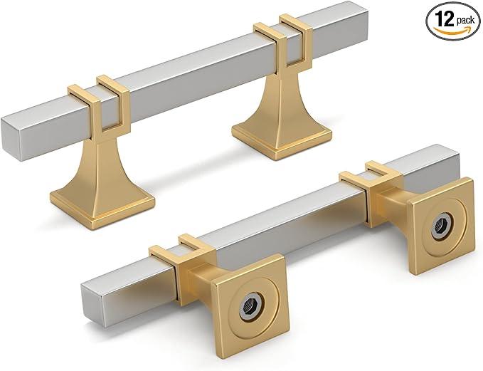 homdiy 12 Pack 3 Inch(76 mm) Hole Centers Brushed Nickel and Gold Cabinet Pulls Silver and Gold Cabinet Handles Zinc Alloy Brushed Nickel and Brass Dresser Drawer Pulls Kitchen Drawer Handles