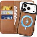 SHIELDON Real Leather Detachable Case Wallet for iPhone 17 Pro 6.3" 2025 | Wireless Charging | RFID Blocking Credit Card Slot | Kickstand | Flip Magnetic | Shockproof Cover | Saddle Brown