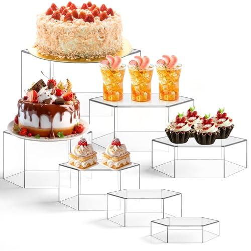 Leinuosen 7 Pcs Large Buffet Risers Set 6" to 12" Acrylic Display Box Catering Dessert Table Riser Food Display Decorative Stand with Hollow Bottom for Catering Supplies(Clear, Hexagonal)