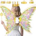 Gold Fairy Wings for Kids and Girls, Light-up Electric Sparkling Wings Princess Halloween Set with Wand, Crown, Butterfly Wings  Ideal for Cosplay, Party, Birthday, Christmas