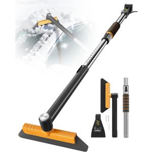 Helloleiboo 43.7" Extendable Ice Scrapers for Car Windshield for 12 Adjustable Length Settings with Foam Grip and 360 Pivoting Brush Head Detachable Snow Brush for Truck SUV(Orange)