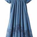 Women's Lace Maxi Dress Short Sleeve V Neck Party Dress Smocked Waist Boho Maxi Dress Bohemian Dress for Women (Blue) XL