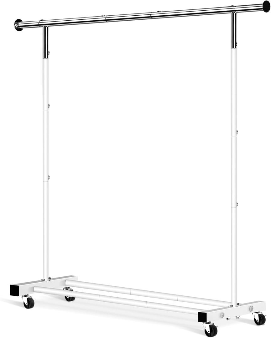 Clothing Rack, 55.51 Inch Heavy Duty Clothes Rack Rolling Garment Rack with Wheels and Bottom Shelf, 130LB Capacity Clothes Racks for Hanging Clothes, Coats, Shirts, Sweaters, Skirts, White (Single)
